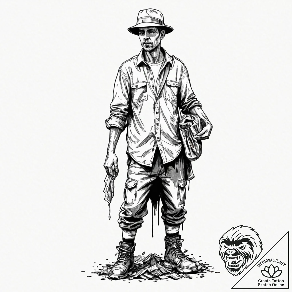 A street performer disguised as a silver stat... - tattoo sketch (№1752874665_0, 18.07.2025 21:37) — tattoovalue.net