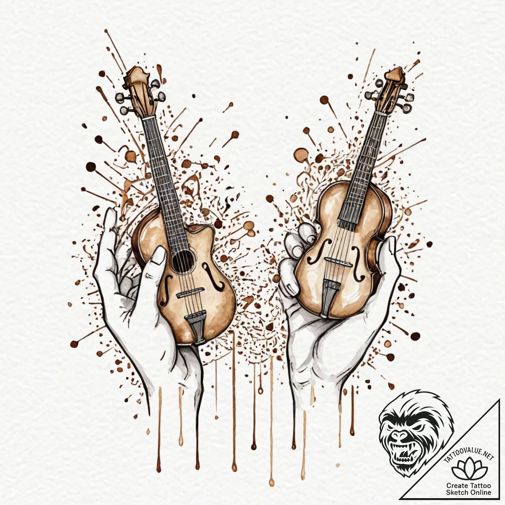 Tattoo design two stylized hands playing inst... - tattoo sketch (№1752874749_0, 18.07.2025 21:39) — tattoovalue.net