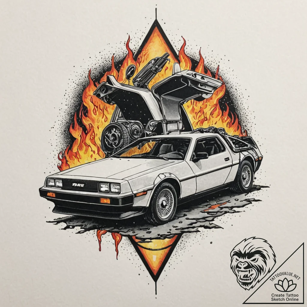126. a neo-traditional tattoo of the delorean... - tattoo sketch (№1752876919_0, 18.07.2025 22:15) — tattoovalue.net