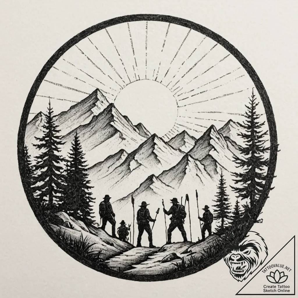 Tattoo sketch a group of adventurers silhouet... - tattoo sketch (№1752878255_0, 18.07.2025 22:37) — tattoovalue.net