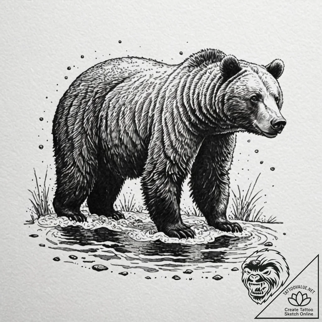 A brown bear standing in a river, trying to c... - tattoo sketch (№1752882528_0, 18.07.2025 23:48) — tattoovalue.net