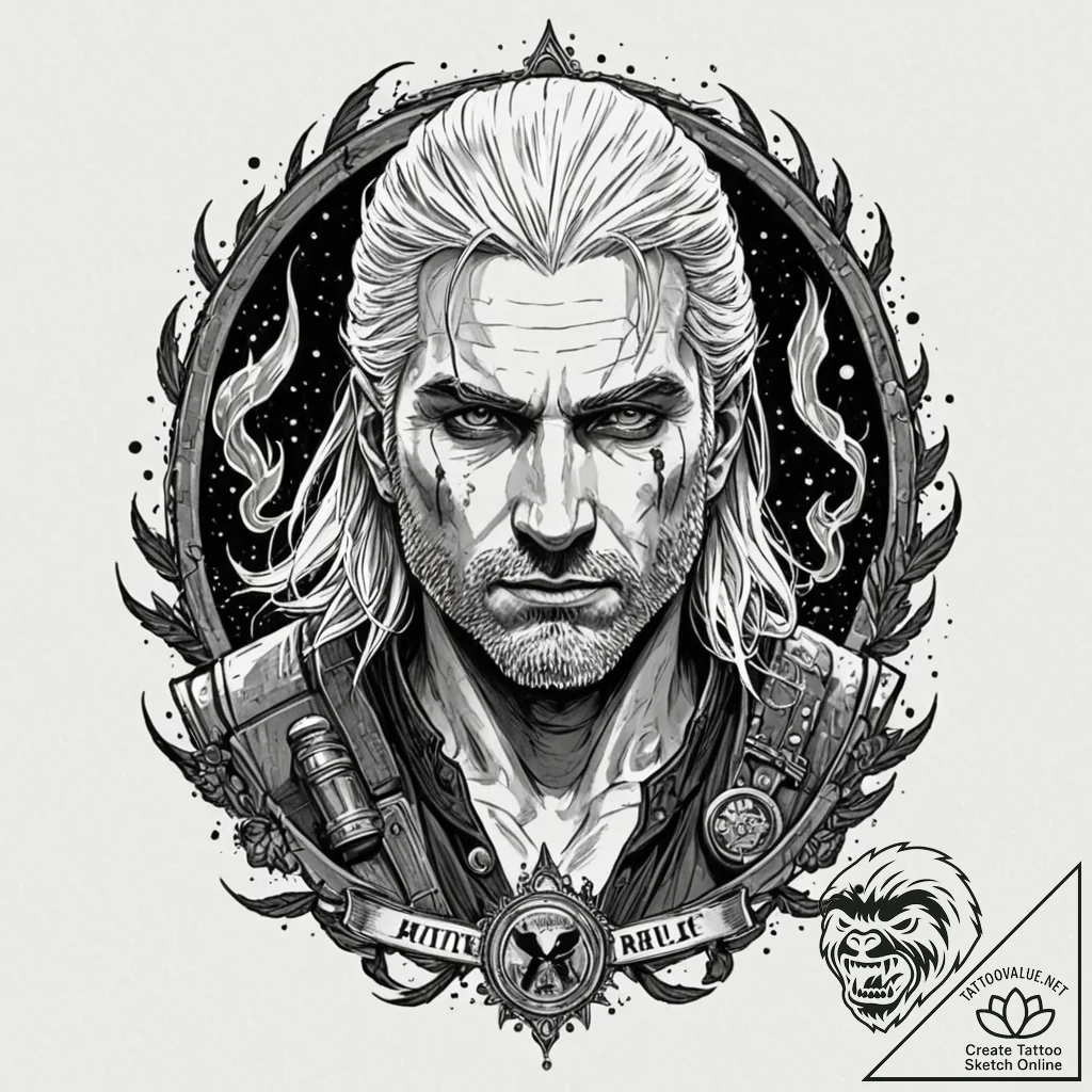A trash polka tattoo of geralt of rivia, his... - tattoo sketch (№1752883365_0, 19.07.2025 00:02) — tattoovalue.net