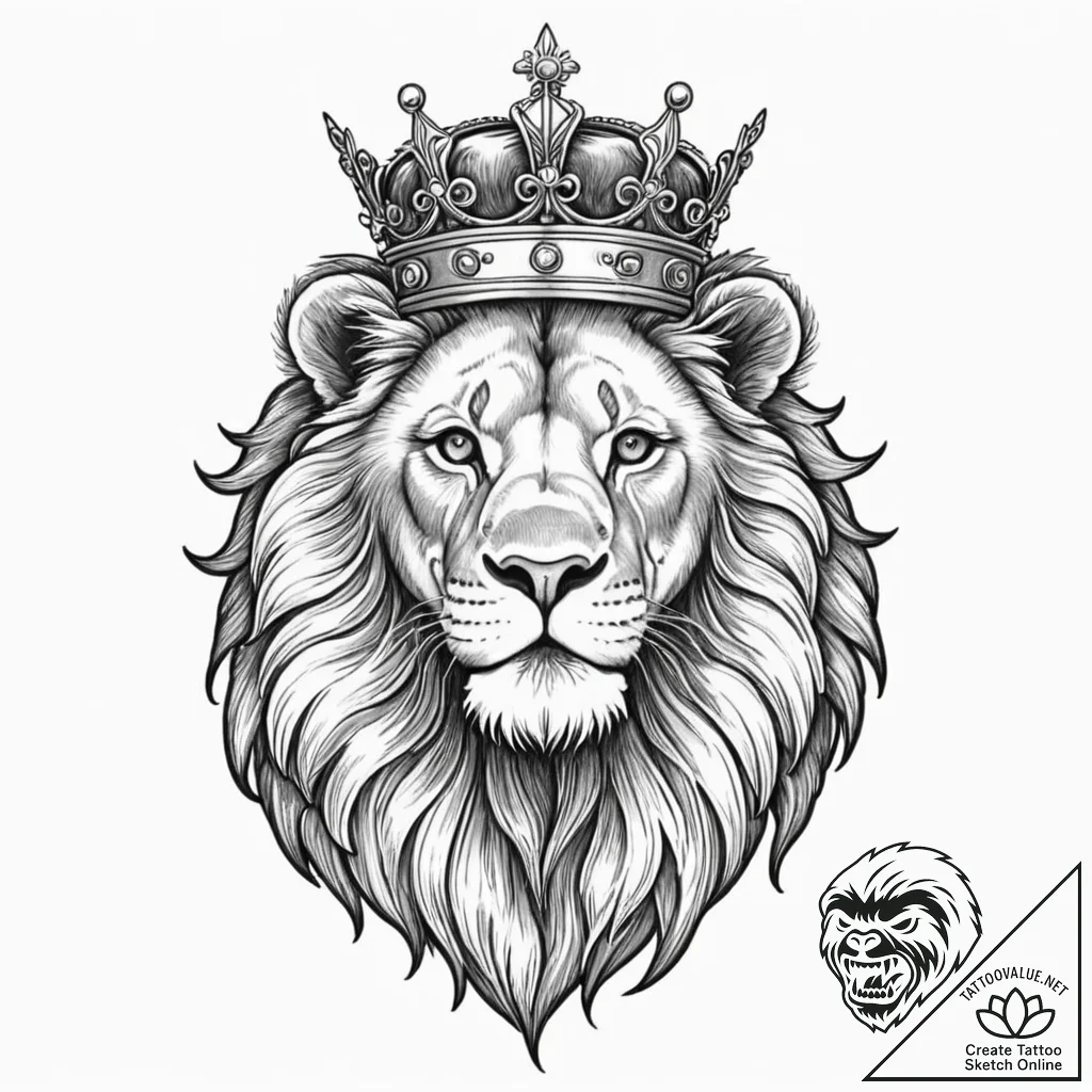 Lion with crown, artistic tattoo sketch, blac... - tattoo sketch (№1752883699_0, 19.07.2025 00:08) — tattoovalue.net