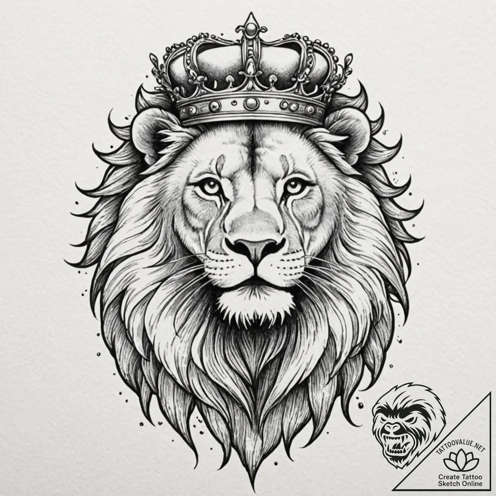 Lion with crown, ink illustration for tattoo,... - tattoo sketch (№1752884793_0, 19.07.2025 00:26) — tattoovalue.net