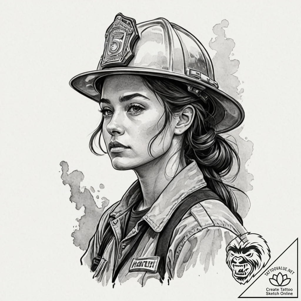 A powerful shot of a female firefighter, soot... - tattoo sketch (№1752885297_0, 19.07.2025 00:34) — tattoovalue.net