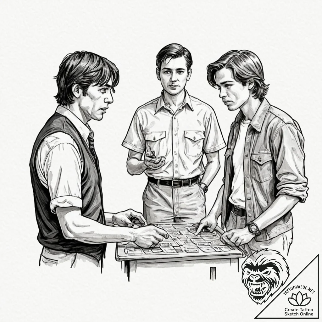 A trash polka tattoo of the coin toss scene f... - tattoo sketch (№1752885717_0, 19.07.2025 00:41) — tattoovalue.net