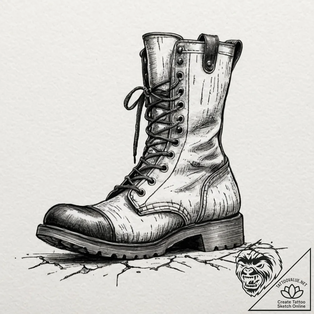 Tattoo design a weathered combat boot with de... - tattoo sketch (№1752886556_0, 19.07.2025 00:55) — tattoovalue.net