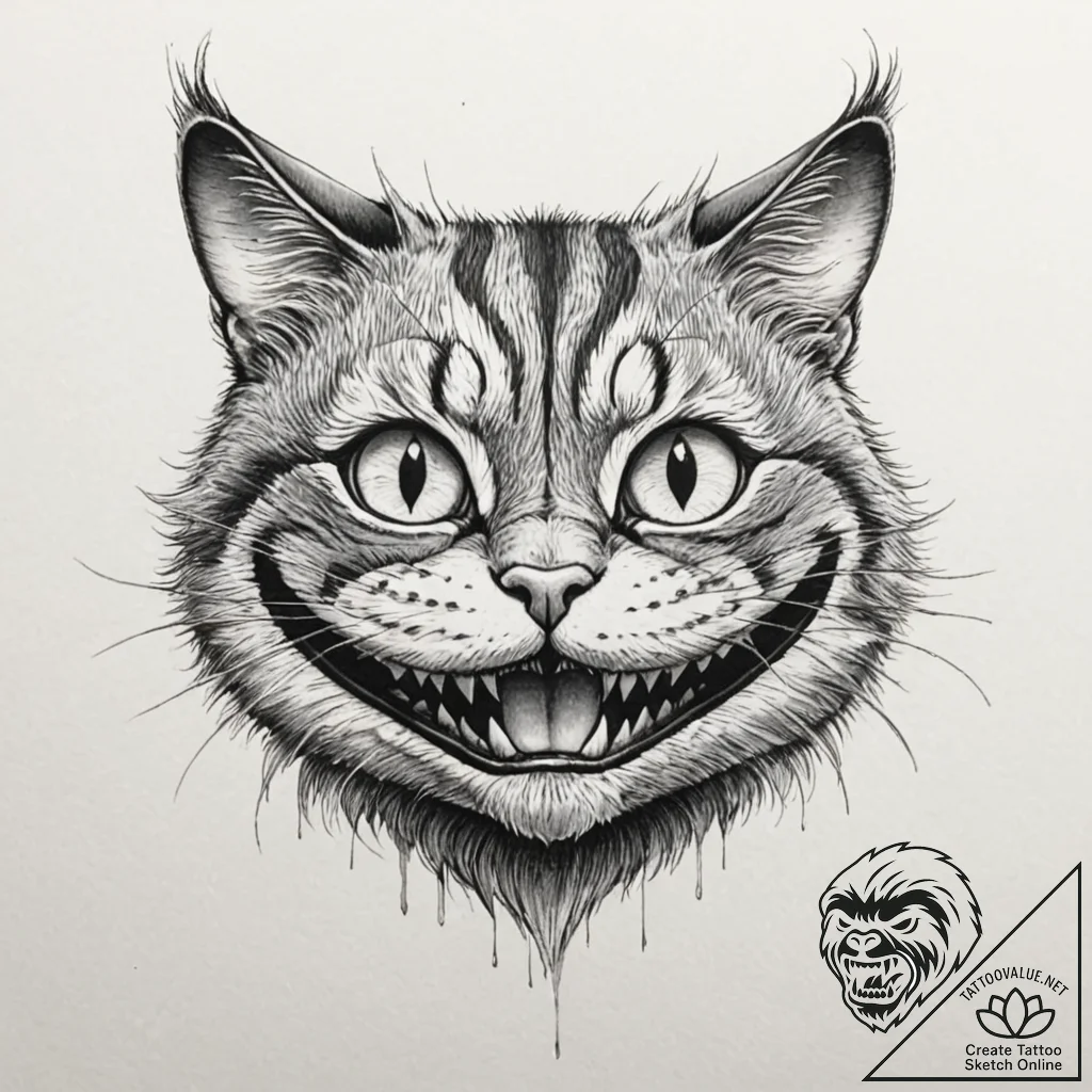 Cheshire cat, tattoo line art, realistic blac... - tattoo sketch (№1752890212_0, 19.07.2025 01:56) — tattoovalue.net