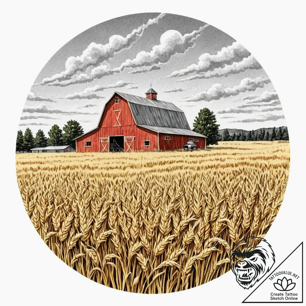 A classic red barn in a field of golden wheat... - tattoo sketch (№1752891125_0, 19.07.2025 02:12) — tattoovalue.net