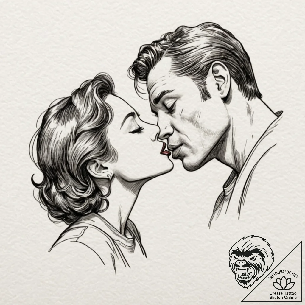 A graphic novel panel of the upside-down kiss... - tattoo sketch (№1752892036_0, 19.07.2025 02:27) — tattoovalue.net