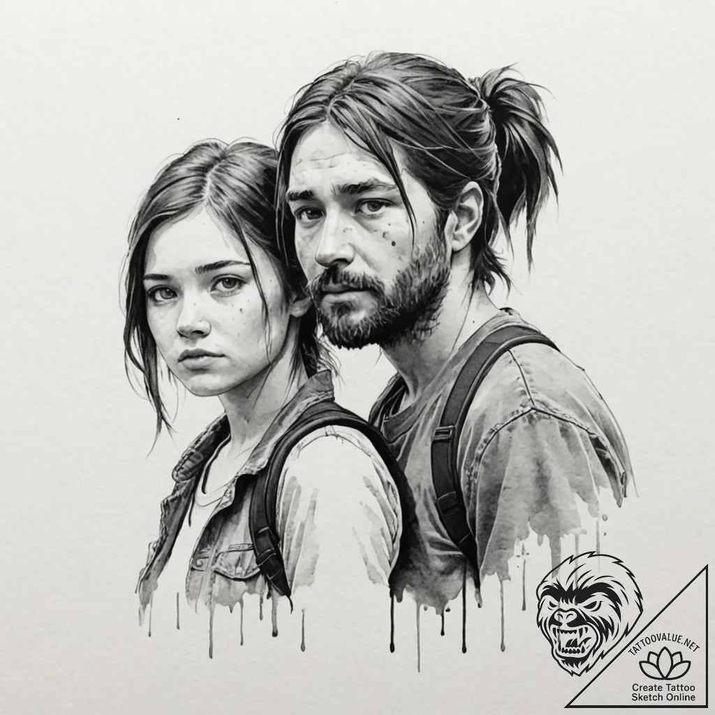 A watercolor sketch of ellie and joel from th... - tattoo sketch (№1752892449_0, 19.07.2025 02:34) — tattoovalue.net