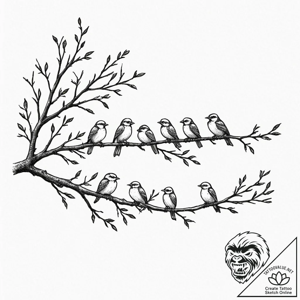Tattoo sketch a family of birds perched on a... - tattoo sketch (№1752892864_0, 19.07.2025 02:41) — tattoovalue.net
