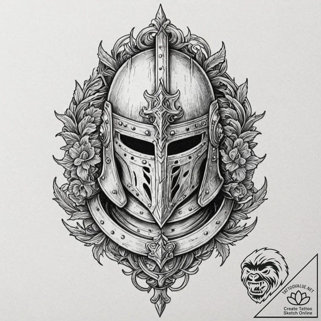 Tattoo design a detailed medieval helmet with... - tattoo sketch (№1752893526_0, 19.07.2025 02:52) — tattoovalue.net