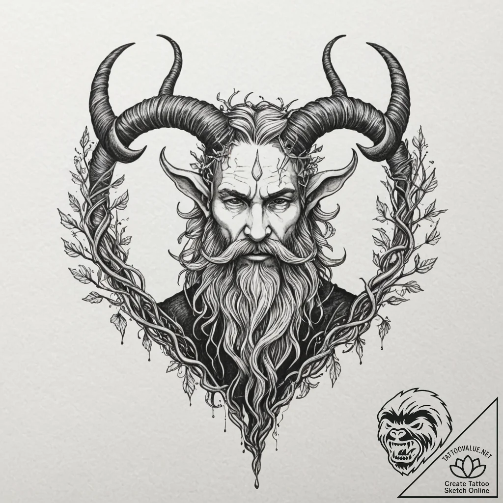 Tattoo sketch: veles, depicted with horns and... - tattoo sketch (№1752894439_0, 19.07.2025 03:07) — tattoovalue.net