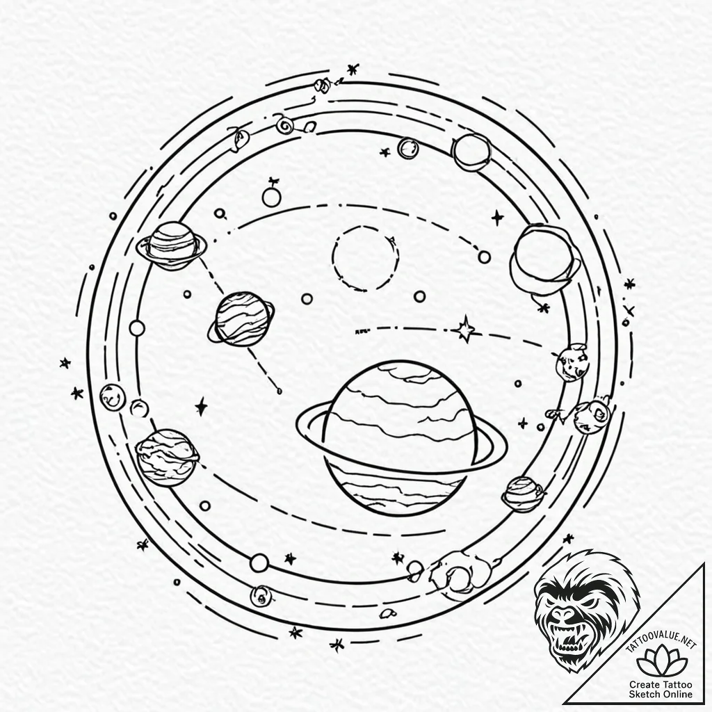 Tattoo design a simple planet outline with ti... - tattoo sketch (№1752895357_0, 19.07.2025 03:22) — tattoovalue.net