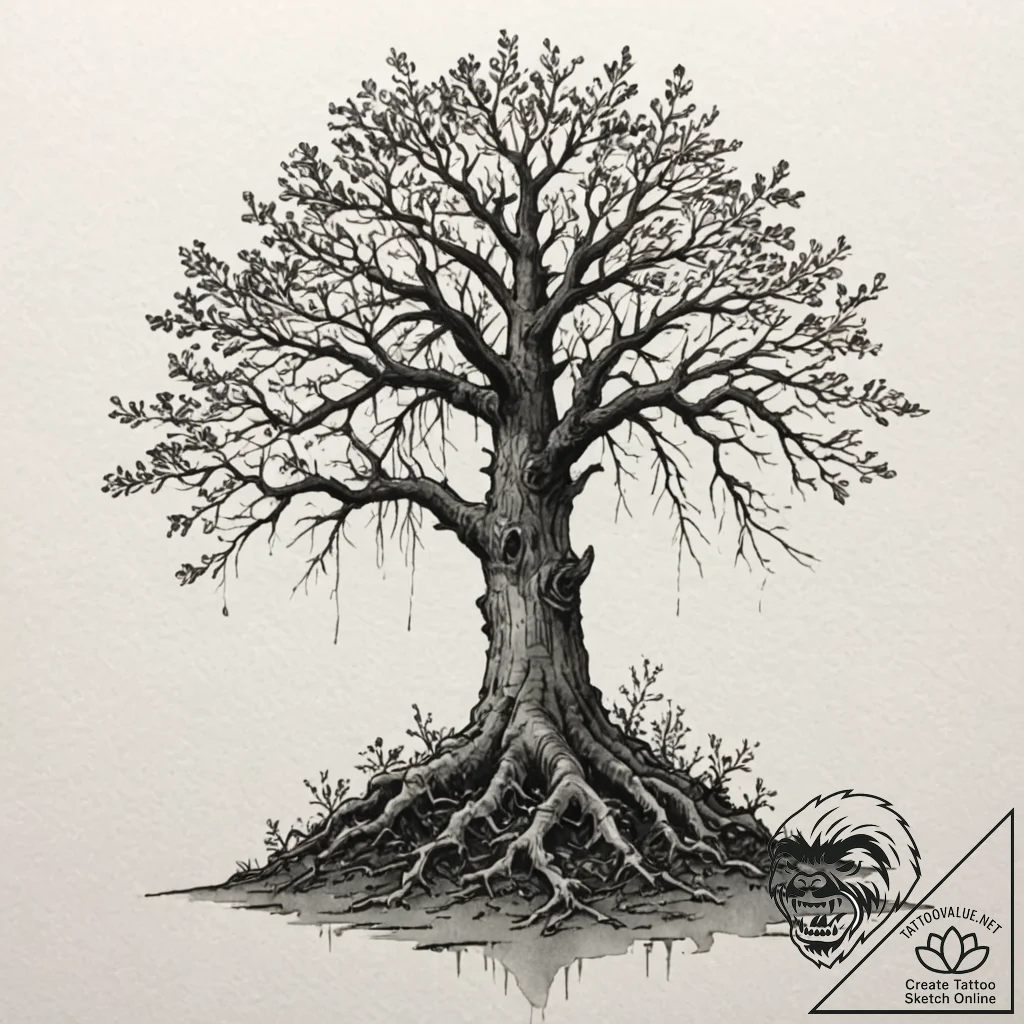 Tattoo design a single, strong oak tree with... - tattoo sketch (№1752900583_0, 19.07.2025 04:49) — tattoovalue.net