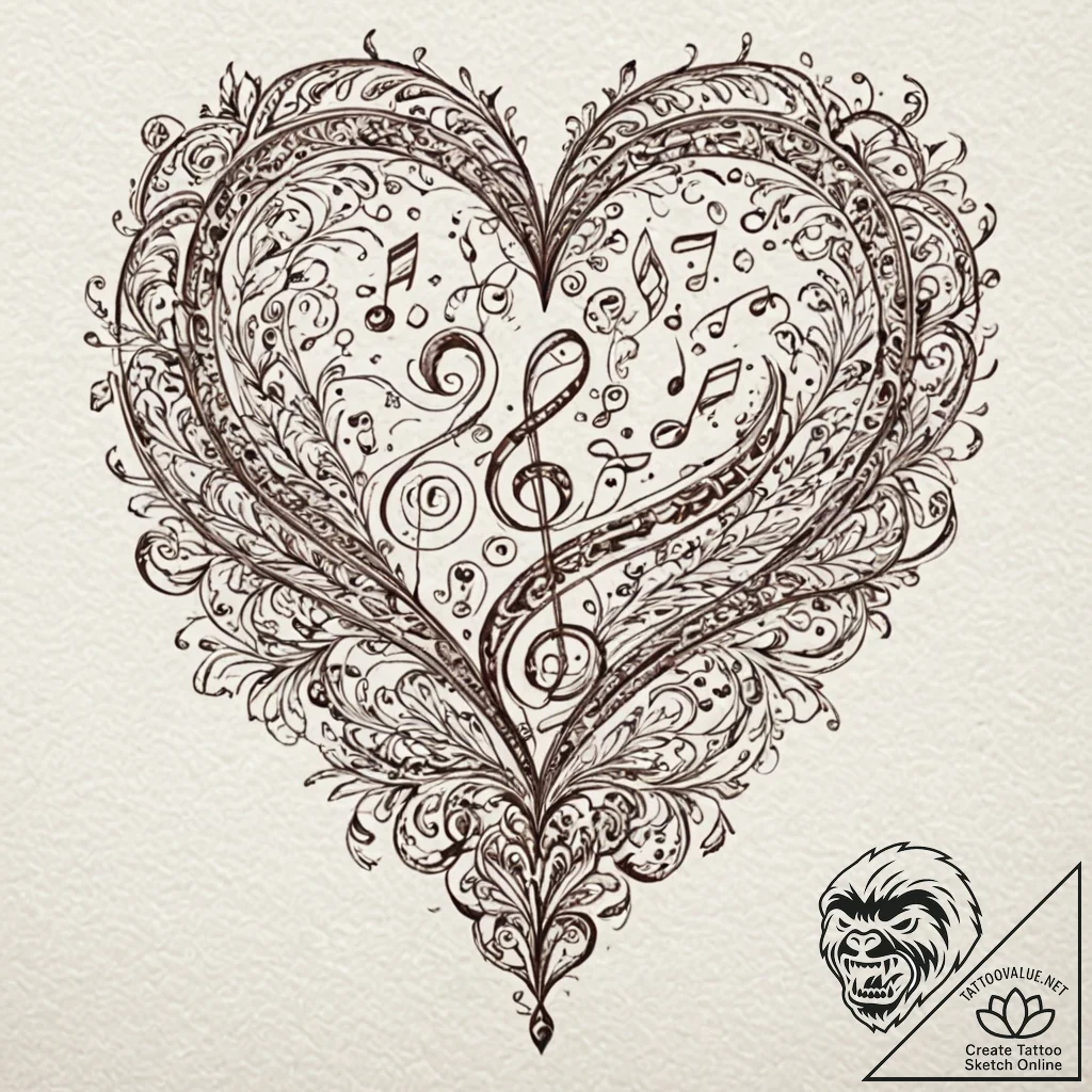 Tattoo design a music note forming a heart.,... - tattoo sketch (№1752900747_0, 19.07.2025 04:52) — tattoovalue.net