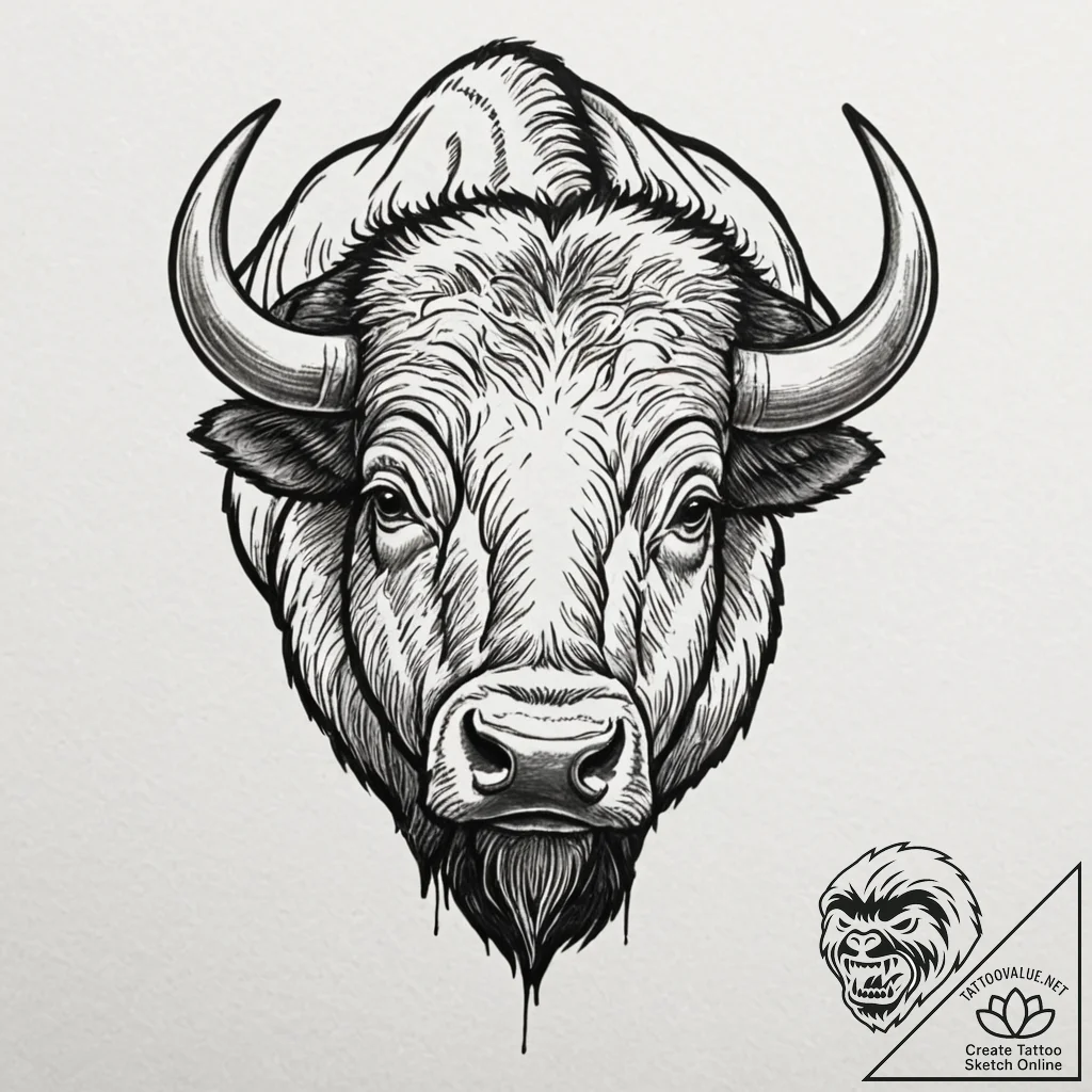 Tattoo design a powerful bison, head lowered,... - tattoo sketch (№1752900913_0, 19.07.2025 04:55) — tattoovalue.net