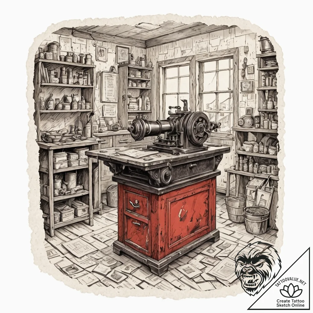 The interior of a working, old-fashioned lett... - tattoo sketch (№1752901409_0, 19.07.2025 05:03) — tattoovalue.net