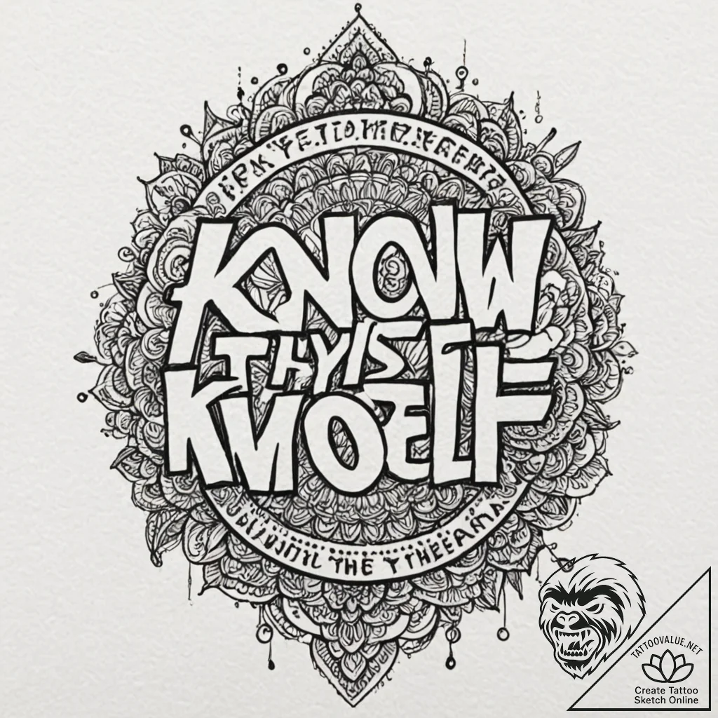 A chicano lettering tattoo of "know thyself".... - tattoo sketch (№1752901659_0, 19.07.2025 05:07) — tattoovalue.net