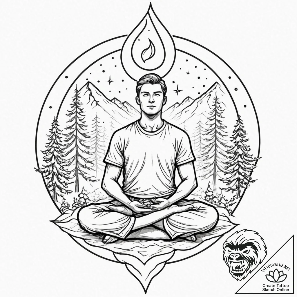 A person meditating in a silent, snowy landsc... - tattoo sketch (№1752902567_0, 19.07.2025 05:22) — tattoovalue.net