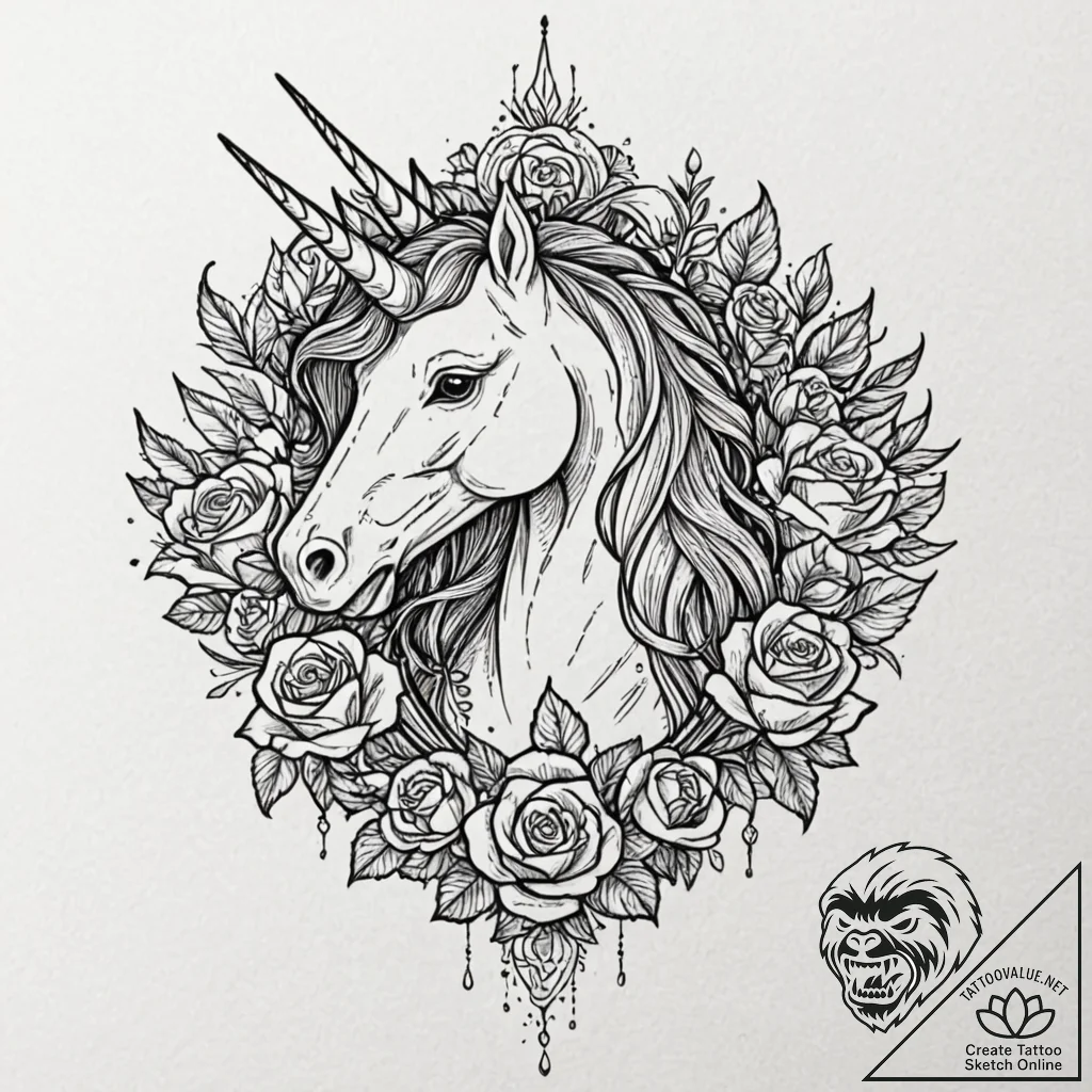 Unicorn, ink illustration for tattoo, chicano... - tattoo sketch (№1752903312_0, 19.07.2025 05:35) — tattoovalue.net