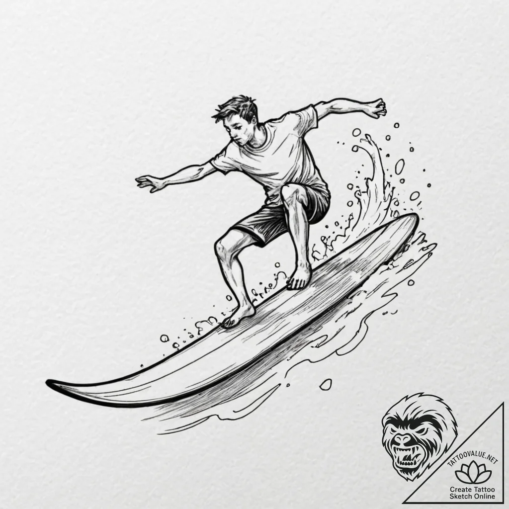 A person learning to surf, falling off the bo... - tattoo sketch (№1752903806_0, 19.07.2025 05:43) — tattoovalue.net