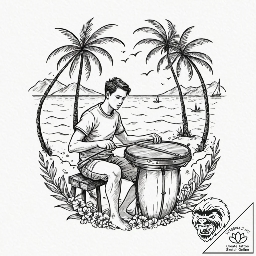 A person playing a steel drum on a tropical b... - tattoo sketch (№1752904302_0, 19.07.2025 05:51) — tattoovalue.net