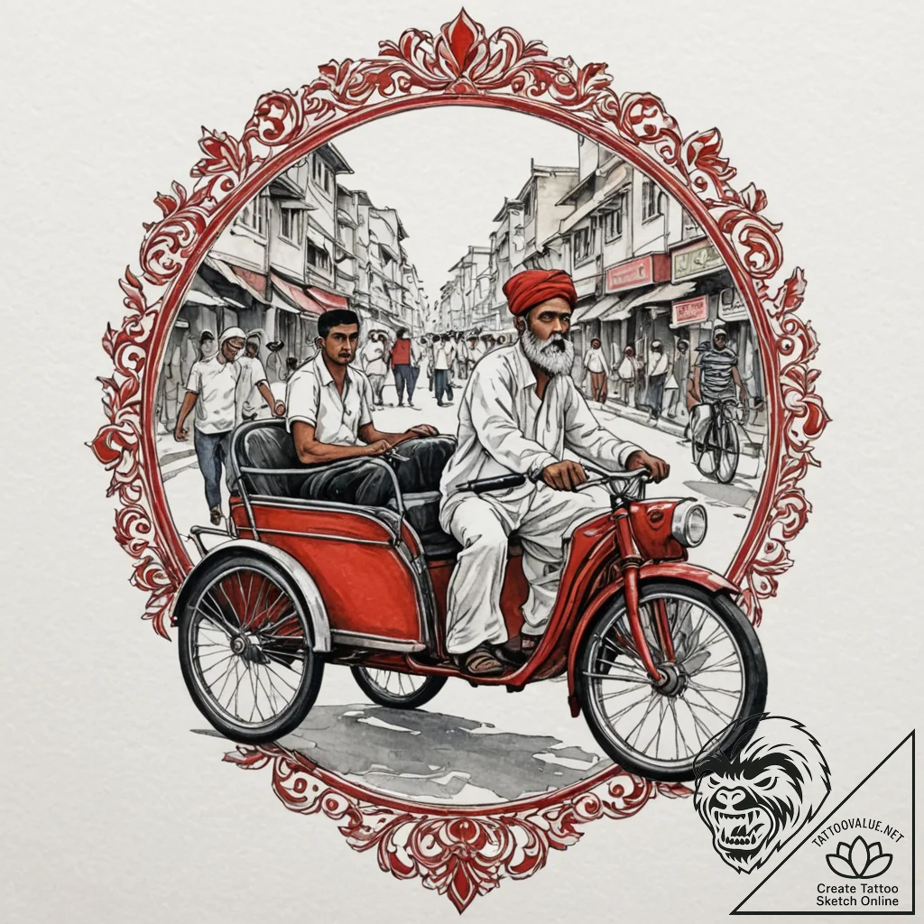 A shot of a rickshaw driver navigating a crow... - tattoo sketch (№1752904384_0, 19.07.2025 05:53) — tattoovalue.net