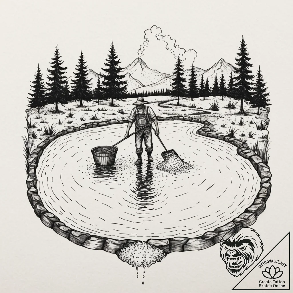 A person harvesting salt from an evaporation... - tattoo sketch (№1752905955_0, 19.07.2025 06:19) — tattoovalue.net