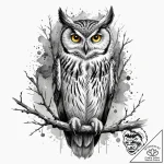 A wise-looking owl perched on a branch in a d… – tattoo sketch (№1752907034_0, 19.07.2025 06:37) — tattoovalue.net
