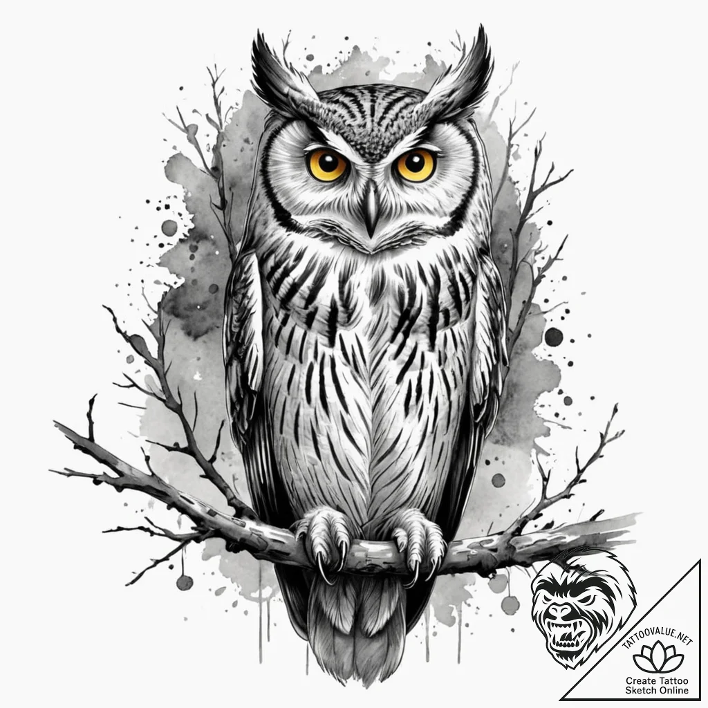 A wise-looking owl perched on a branch in a d... - tattoo sketch (№1752907034_0, 19.07.2025 06:37) — tattoovalue.net