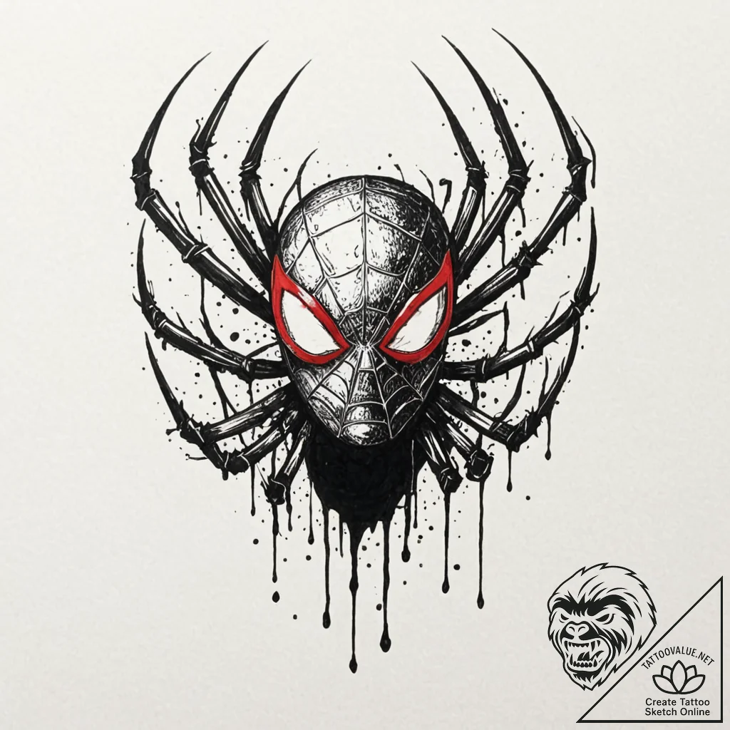 A trash polka tattoo of spider-man's mask, ha... - tattoo sketch (№1752908687_0, 19.07.2025 07:04) — tattoovalue.net