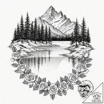A serene, mirror-like lake in the canadian ro… – tattoo sketch (№1752909185_0, 19.07.2025 07:13) — tattoovalue.net