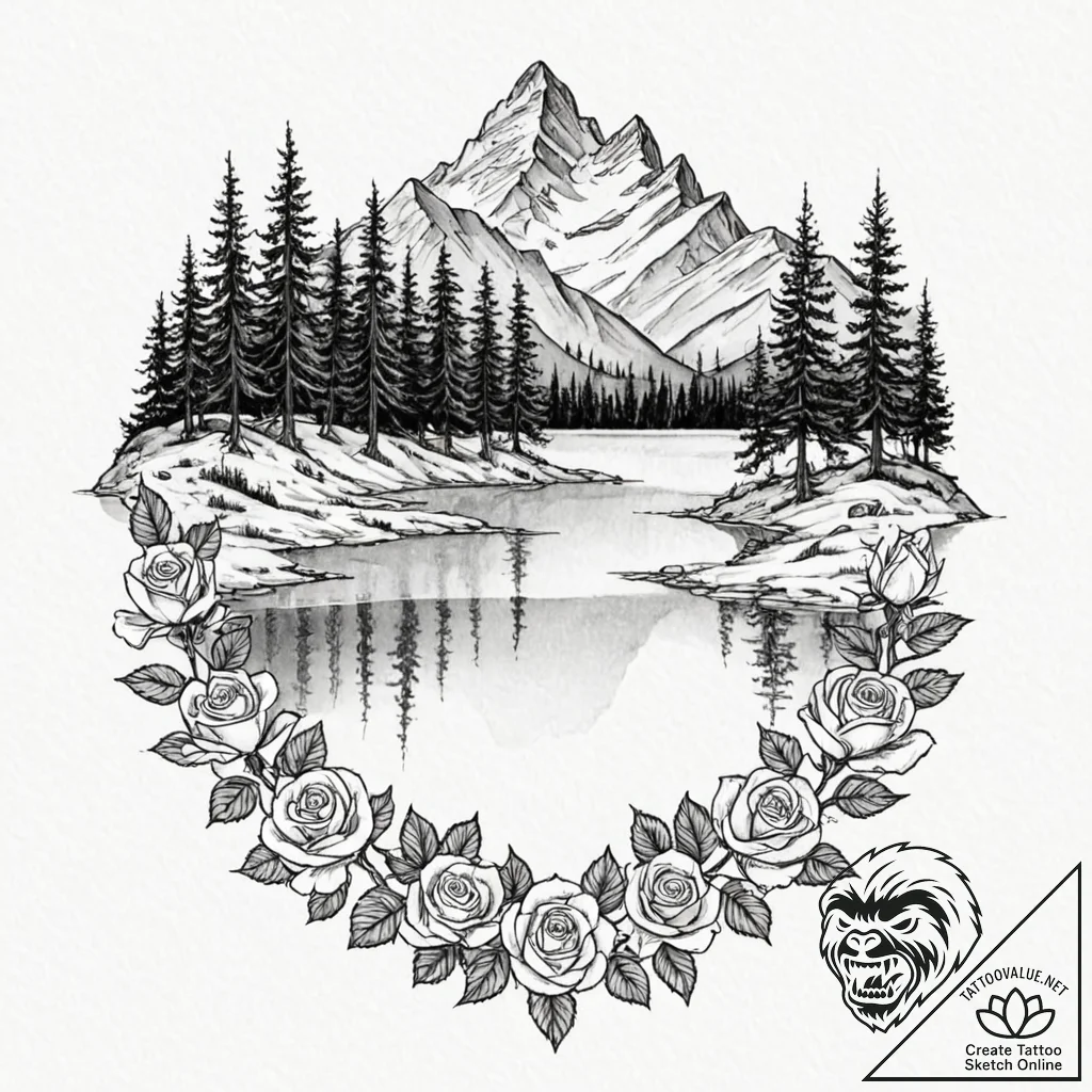 A serene, mirror-like lake in the canadian ro... - tattoo sketch (№1752909185_0, 19.07.2025 07:13) — tattoovalue.net
