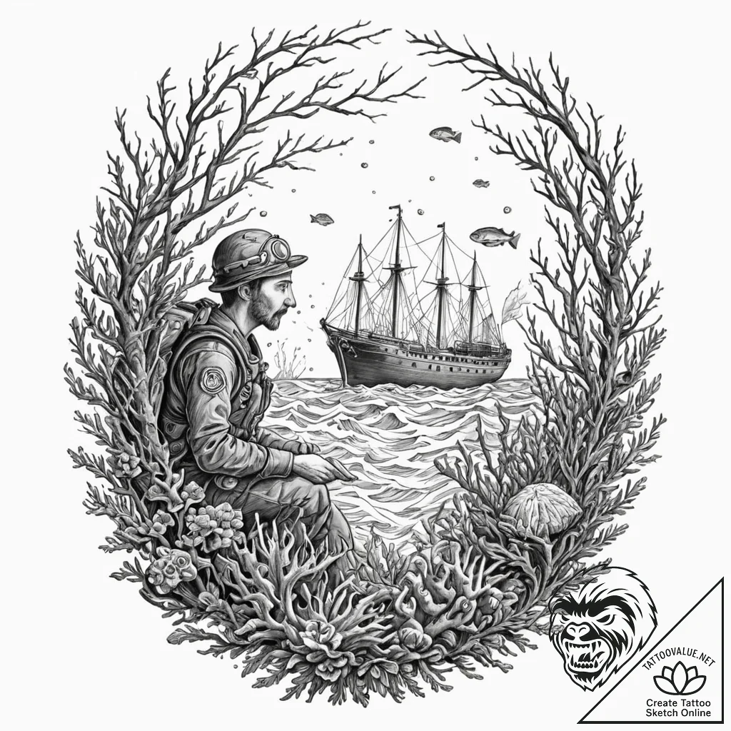 A diver discovering an old shipwreck overgrow... - tattoo sketch (№1752909849_0, 19.07.2025 07:24) — tattoovalue.net