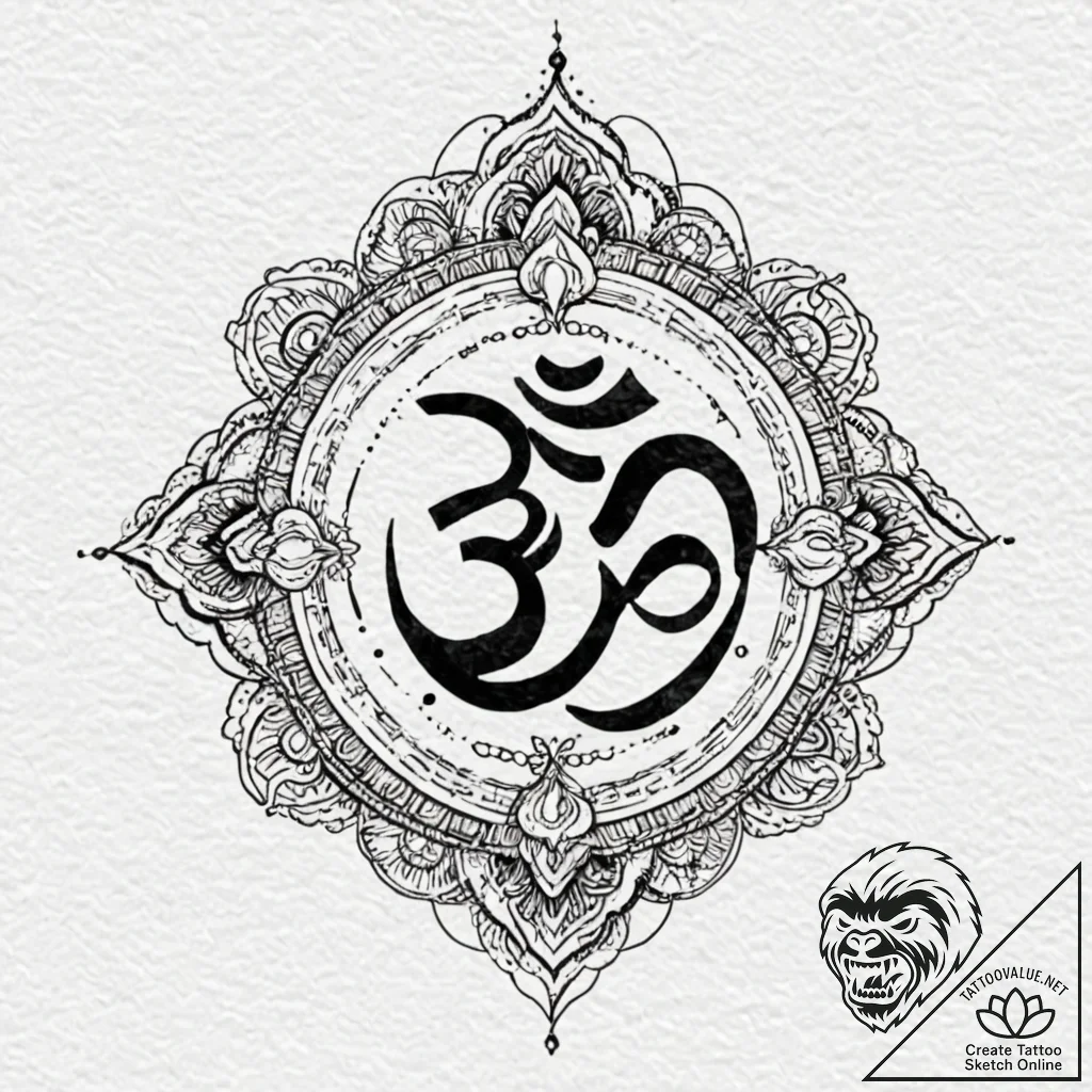 Om (symbol), tattoo line art, on a clean whit... - tattoo sketch (№1752910178_0, 19.07.2025 07:29) — tattoovalue.net