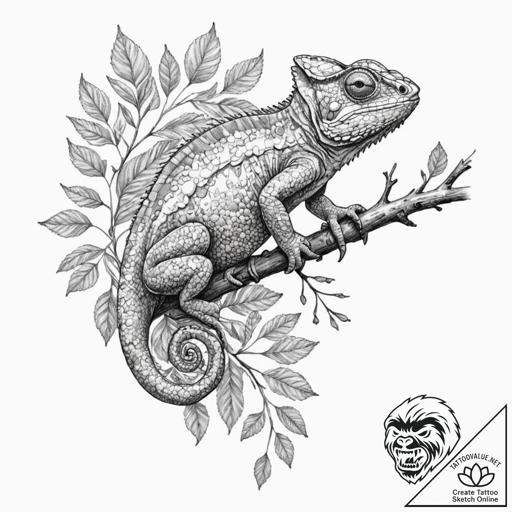 A chameleon perfectly camouflaged on a leafy... - tattoo sketch (№1752911840_0, 19.07.2025 07:57) — tattoovalue.net