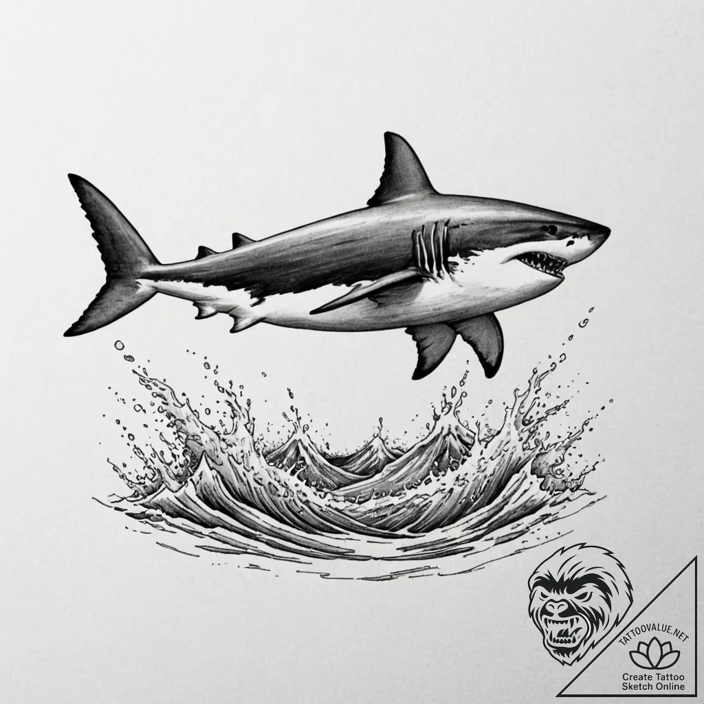 A great white shark breaching the water, capt... - tattoo sketch (№1752912335_0, 19.07.2025 08:05) — tattoovalue.net