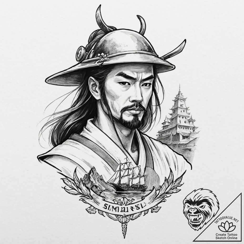 Samurai, artistic tattoo sketch, old school t... - tattoo sketch (№1752913736_0, 19.07.2025 08:28) — tattoovalue.net