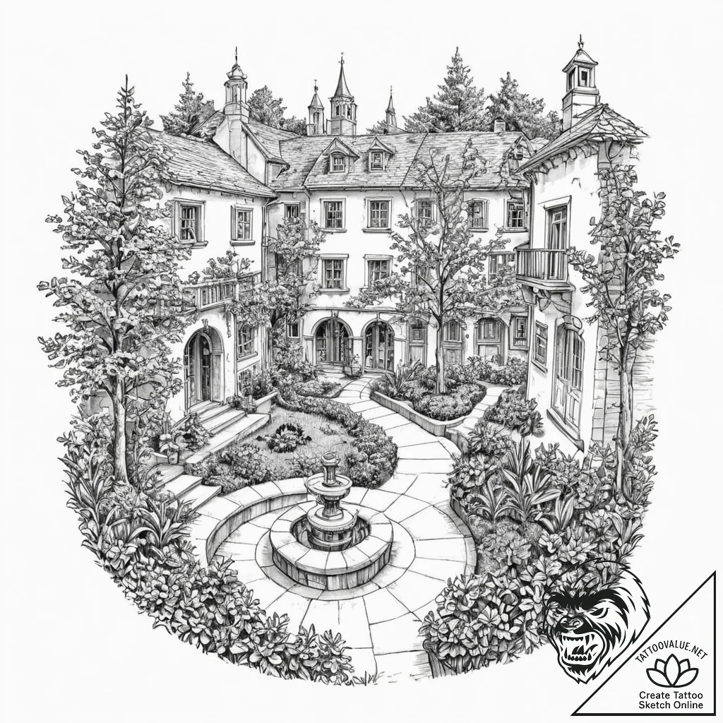 A hidden courtyard garden in the middle of a... - tattoo sketch (№1752914313_0, 19.07.2025 08:38) — tattoovalue.net