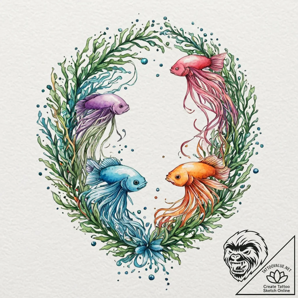 Tattoo design pisces fish, swimming among del... - tattoo sketch (№1752915398_0, 19.07.2025 08:56) — tattoovalue.net