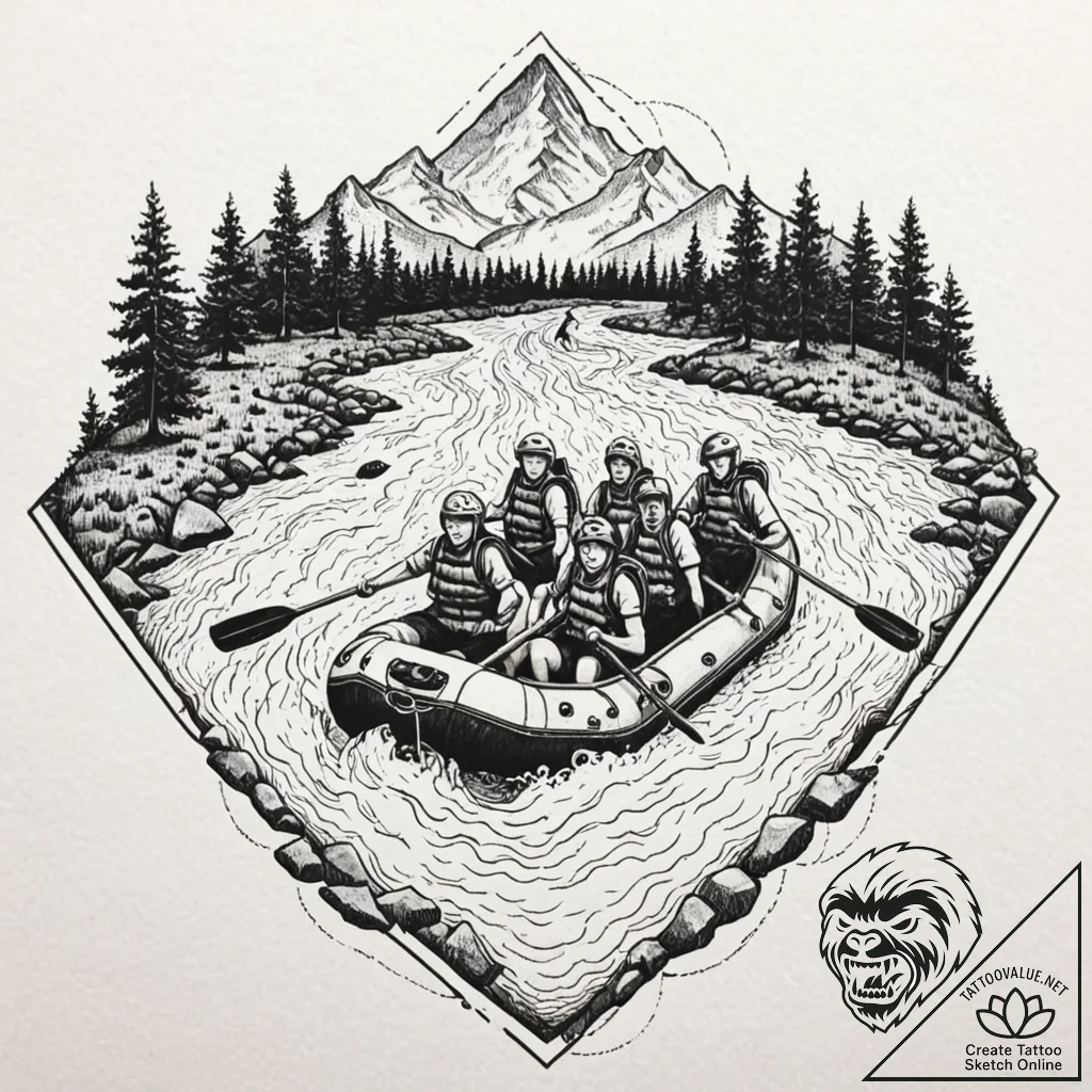 A person white water rafting down a turbulent... - tattoo sketch (№1752916062_0, 19.07.2025 09:07) — tattoovalue.net