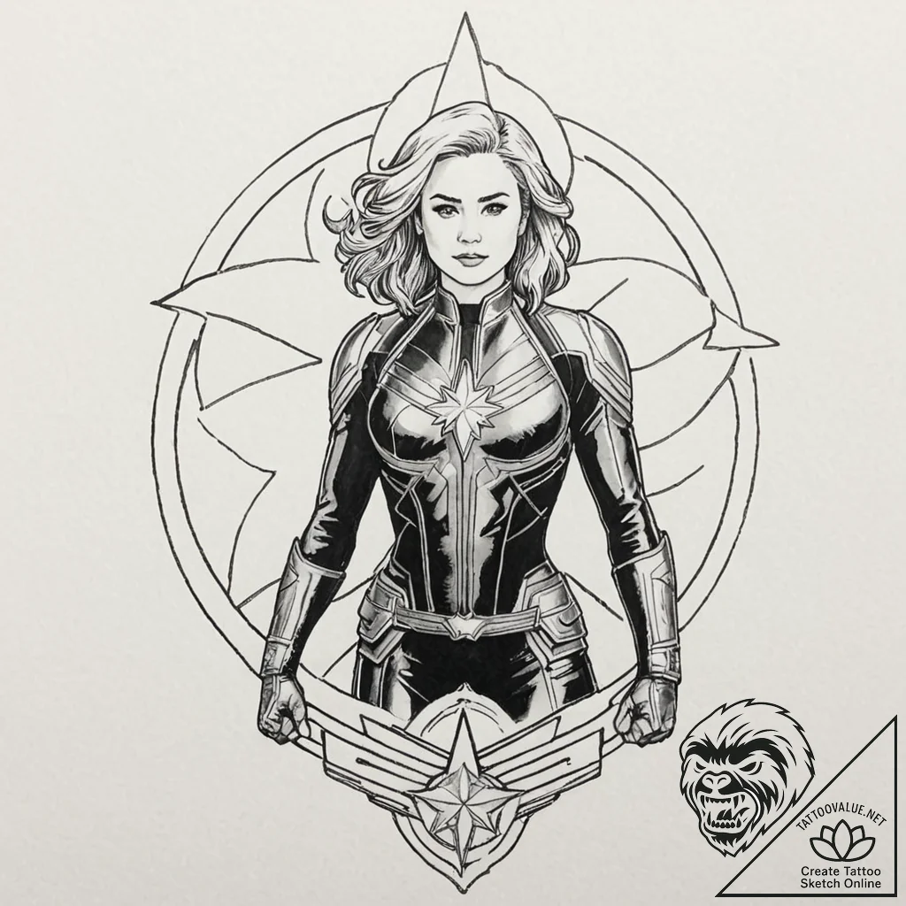 A neo-traditional tattoo of captain marvel, g... - tattoo sketch (№1752916807_0, 19.07.2025 09:20) — tattoovalue.net