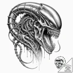 Graphic novel style tattoo of a xenomorph, wi… – tattoo sketch (№1752918214_0, 19.07.2025 09:43) — tattoovalue.net
