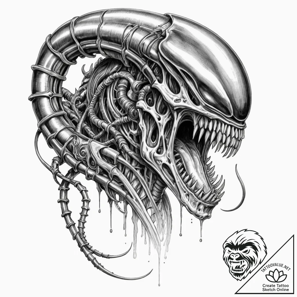 Graphic novel style tattoo of a xenomorph, wi... - tattoo sketch (№1752918214_0, 19.07.2025 09:43) — tattoovalue.net