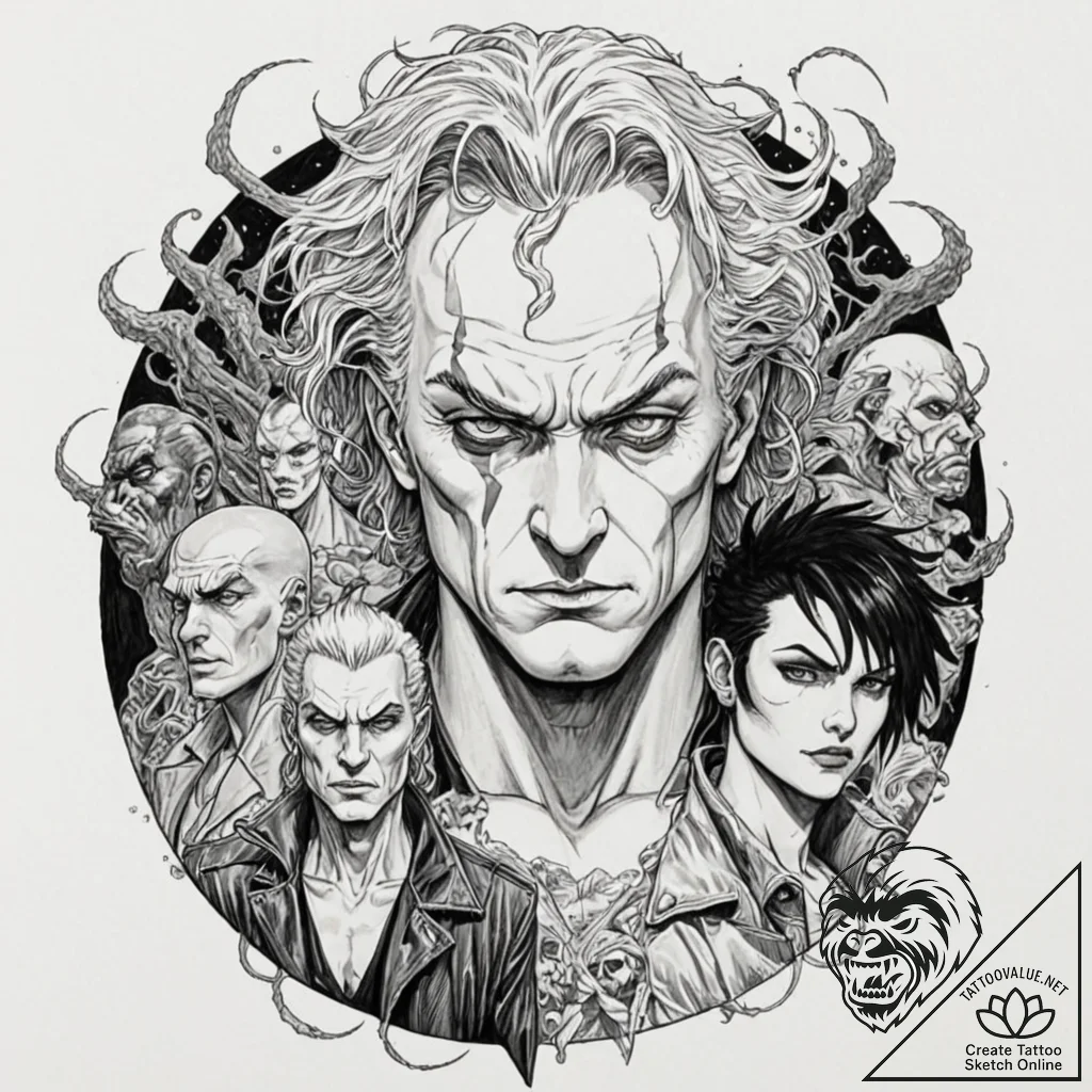 A graphic novel panel of the main characters... - tattoo sketch (№1752918875_0, 19.07.2025 09:54) — tattoovalue.net