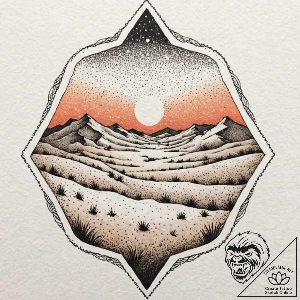 A desert landscape at sunset, the sand dunes... - tattoo sketch (№1752918957_0, 19.07.2025 09:55) — tattoovalue.net