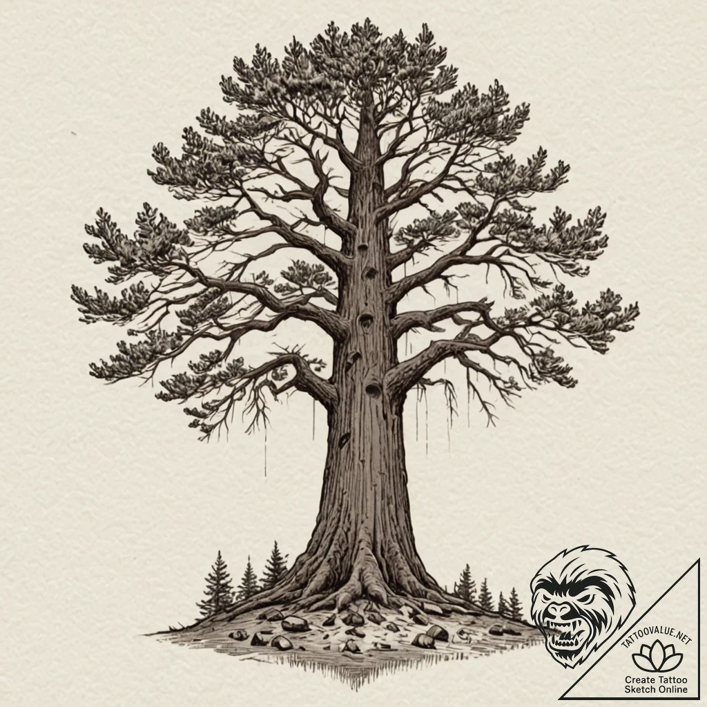 A low-angle shot of a massive redwood tree, e... - tattoo sketch (№1752919206_0, 19.07.2025 10:00) — tattoovalue.net