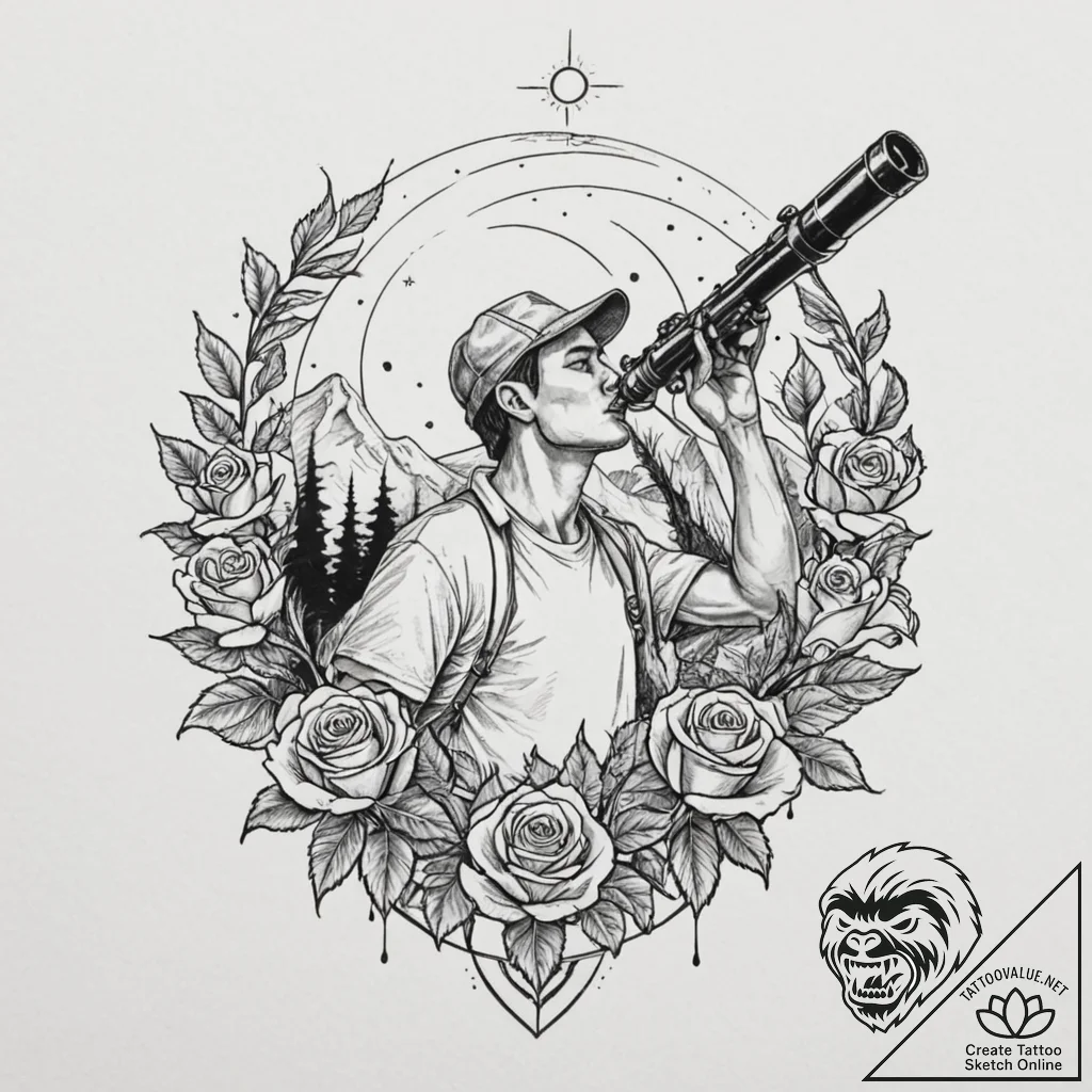 A person looking through a telescope at the n... - tattoo sketch (№1752920524_0, 19.07.2025 10:22) — tattoovalue.net